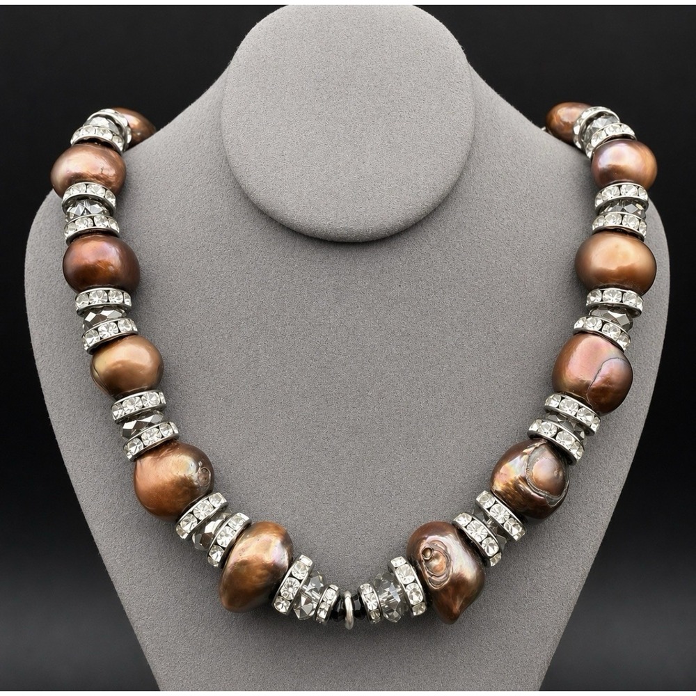 Natural Metallic Brown Freshwater Baroque Pearl Necklace Rhinestone Crystal 18"